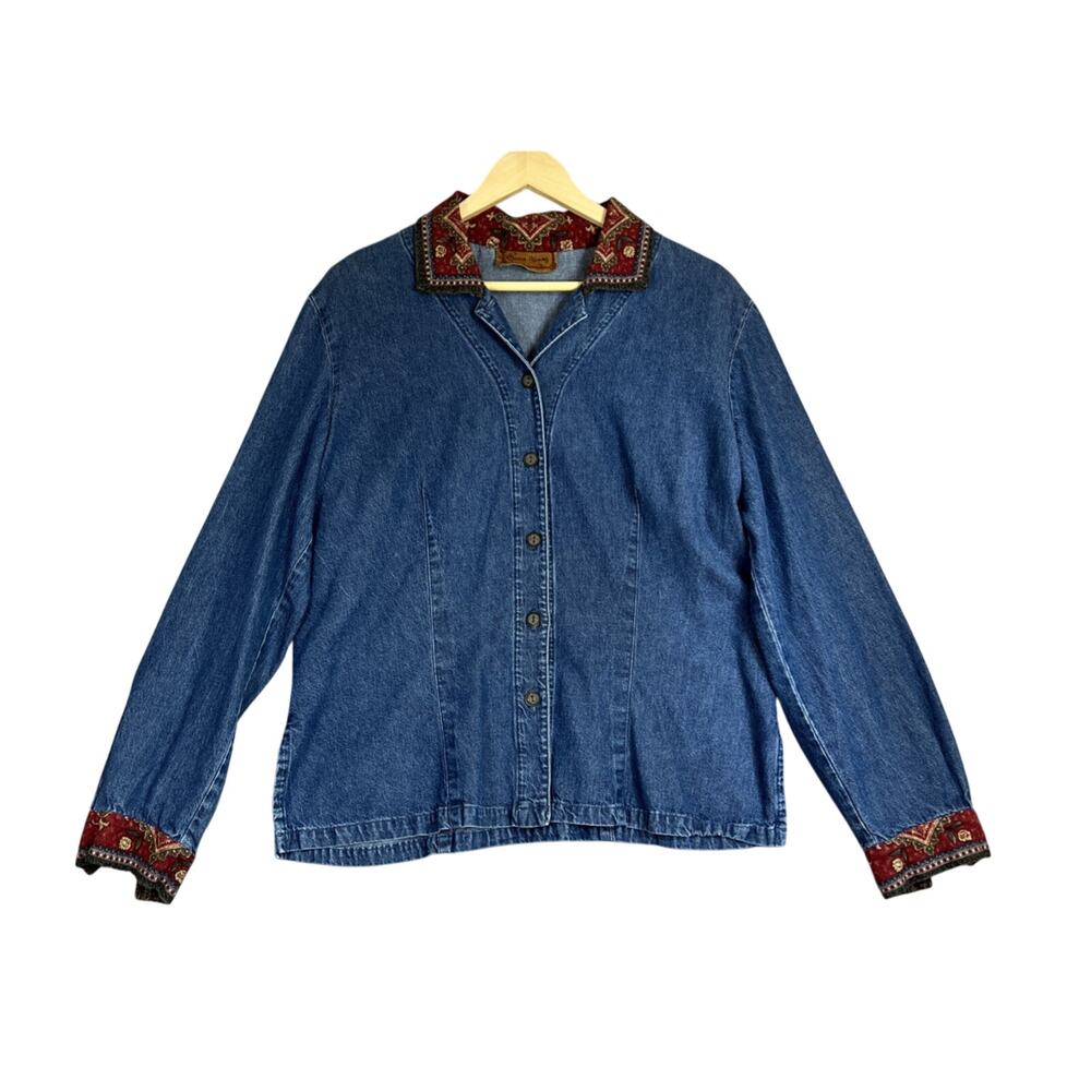 Sharon Young Denim Shirt Size 14 Blue Floral Trim Ranch Rodeo Western Vtg USA